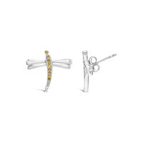 .925 Sterling Silver Yellow Diamond Accent Dragonfly Stud Earrings (Yellow Color, I2-I3 Clarity)