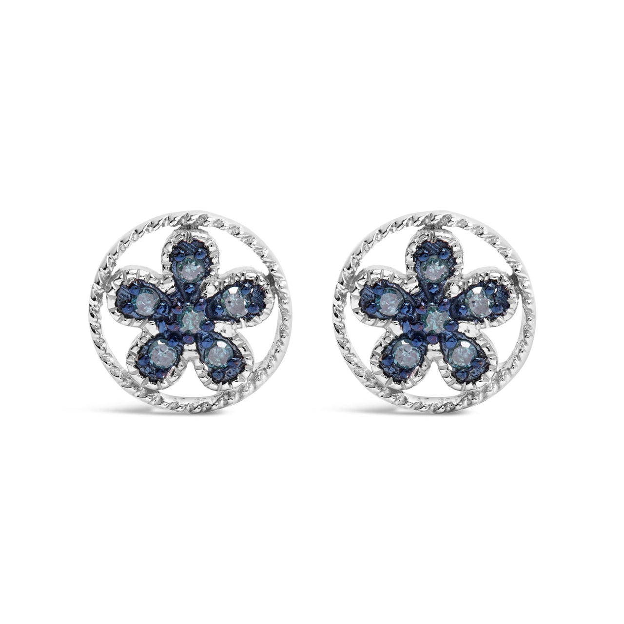 .925 Sterling Silver Blue Diamond Accent Star and Wheel Milgrain Style Stud Earrings (Blue Color, I2-I3 Clarity)