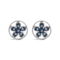 .925 Sterling Silver Blue Diamond Accent Star and Wheel Milgrain Style Stud Earrings (Blue Color, I2-I3 Clarity)
