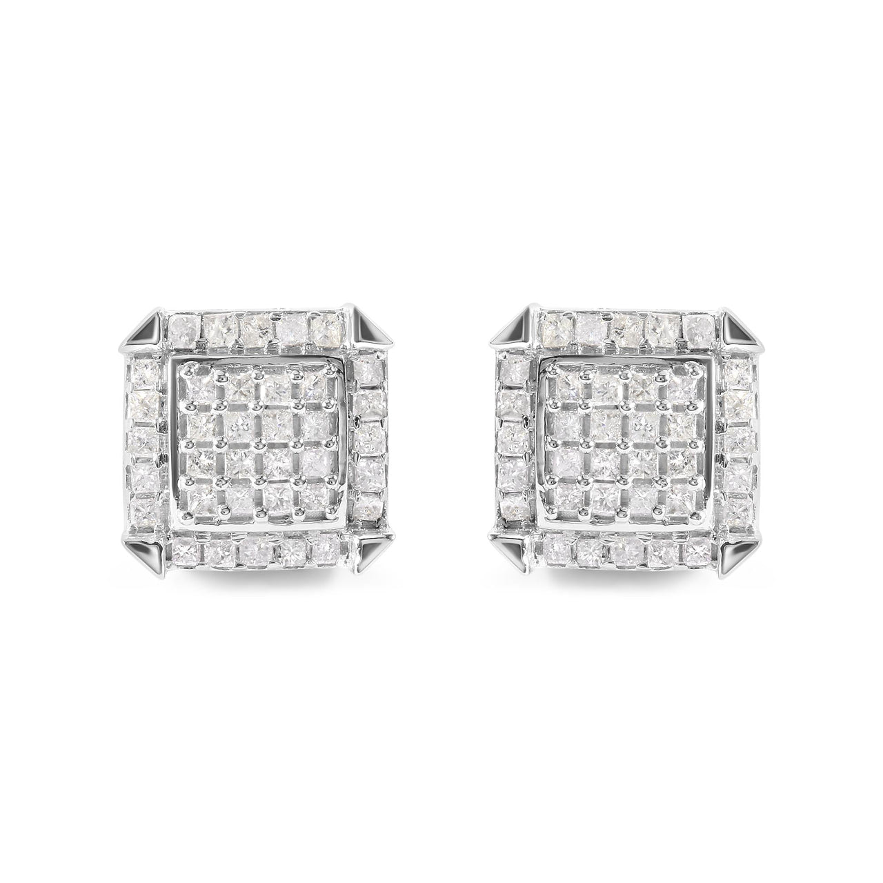 10K White Gold 1 1/10 Cttw Princess Diamond Composite and Halo Stud Earrings (I-J Color, I1-I2 Clarity)
