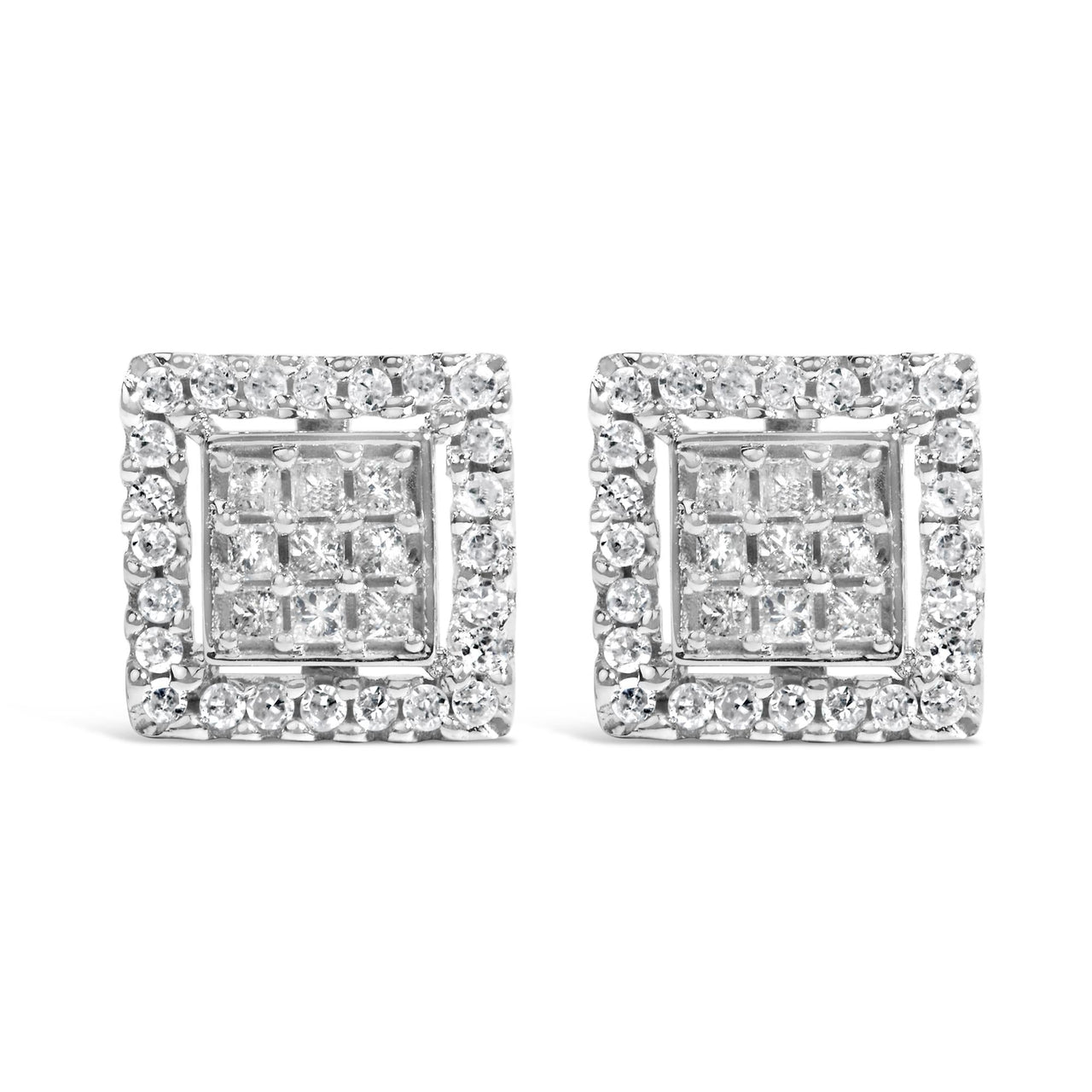 10K White Gold 3/4 Cttw Princess Diamond Composite and Halo Stud Earring (H-I Color, SI2-I1 Clarity)