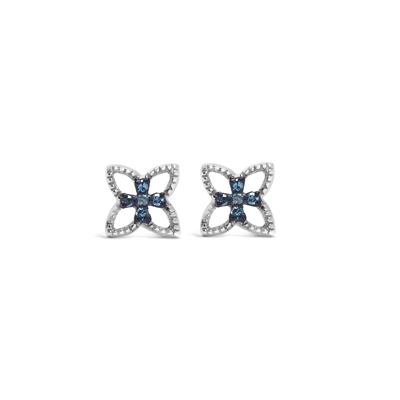 .925 Sterling Silver Blue Diamond Accent 4 Petal Flower Stud Earring (Blue Color, SI1-SI2 Clarity)
