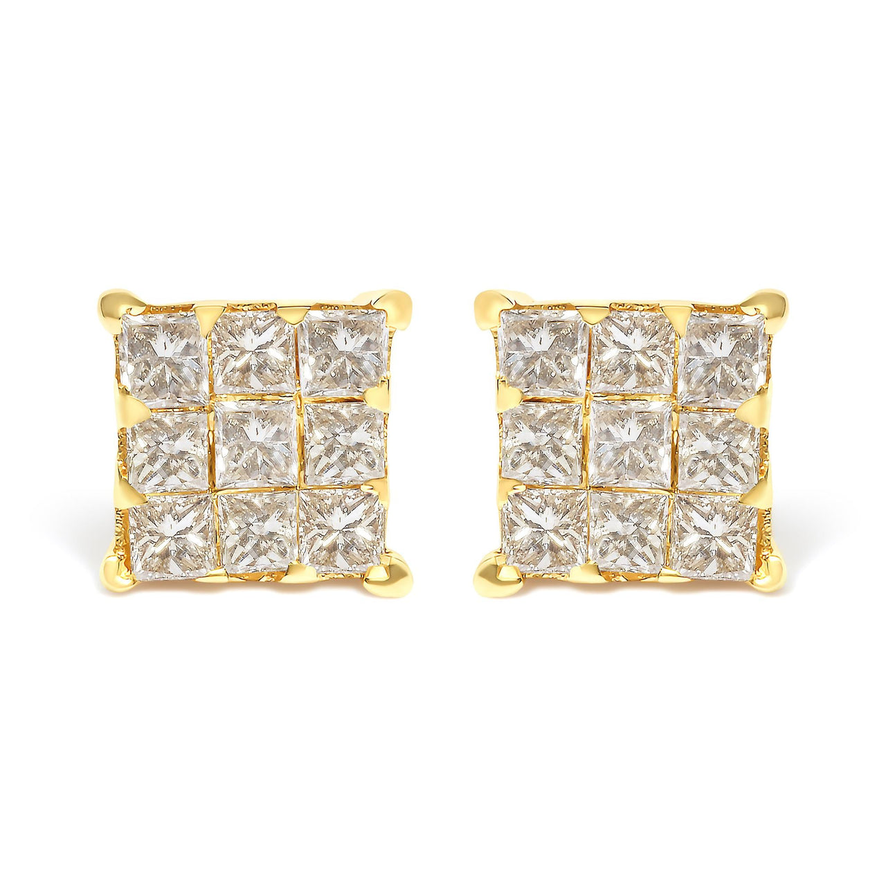 14K Yellow Gold 3/4 Cttw Invisible Set Princess-Cut Diamond 9 Stone Square Stud Earrings (J-K Color, SI2-I1 Clarity)