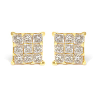 14K Yellow Gold 3/4 Cttw Invisible Set Princess-Cut Diamond 9 Stone Square Stud Earrings (J-K Color, SI2-I1 Clarity)