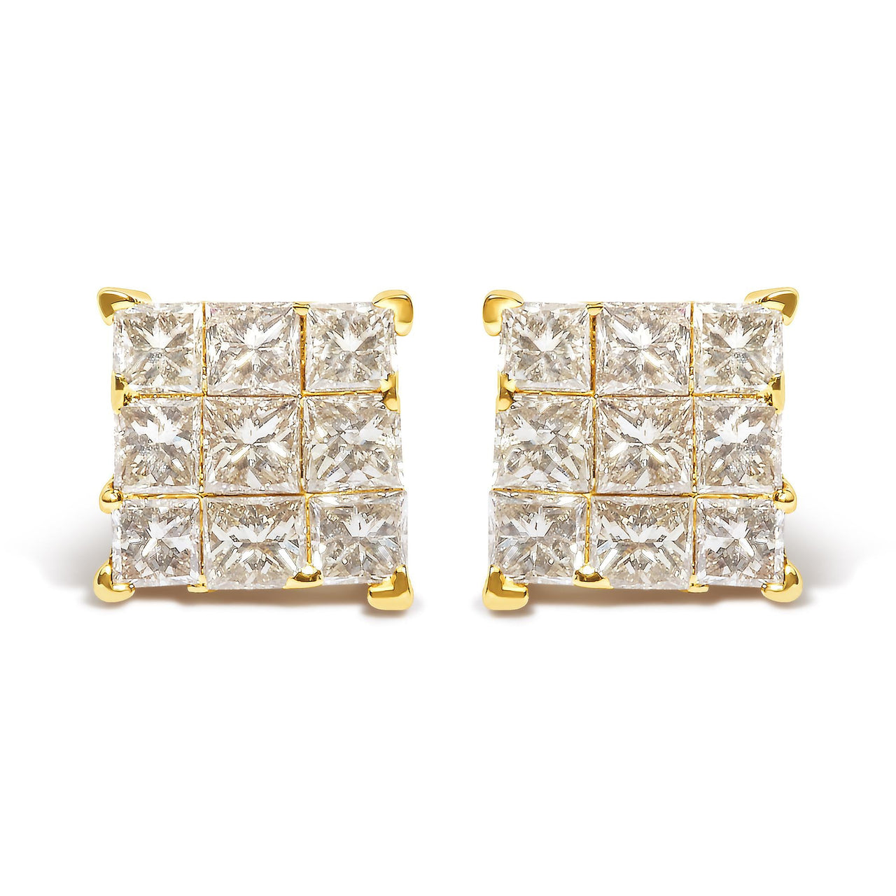 14K Yellow Gold 1.0 Cttw Invisible Set Princess-Cut Diamond 9 Stone Square Stud Earrings (J-K Color, SI2-I1 Clarity)