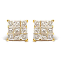 14K Yellow Gold 1.0 Cttw Invisible Set Princess-Cut Diamond 9 Stone Square Stud Earrings (J-K Color, SI2-I1 Clarity)