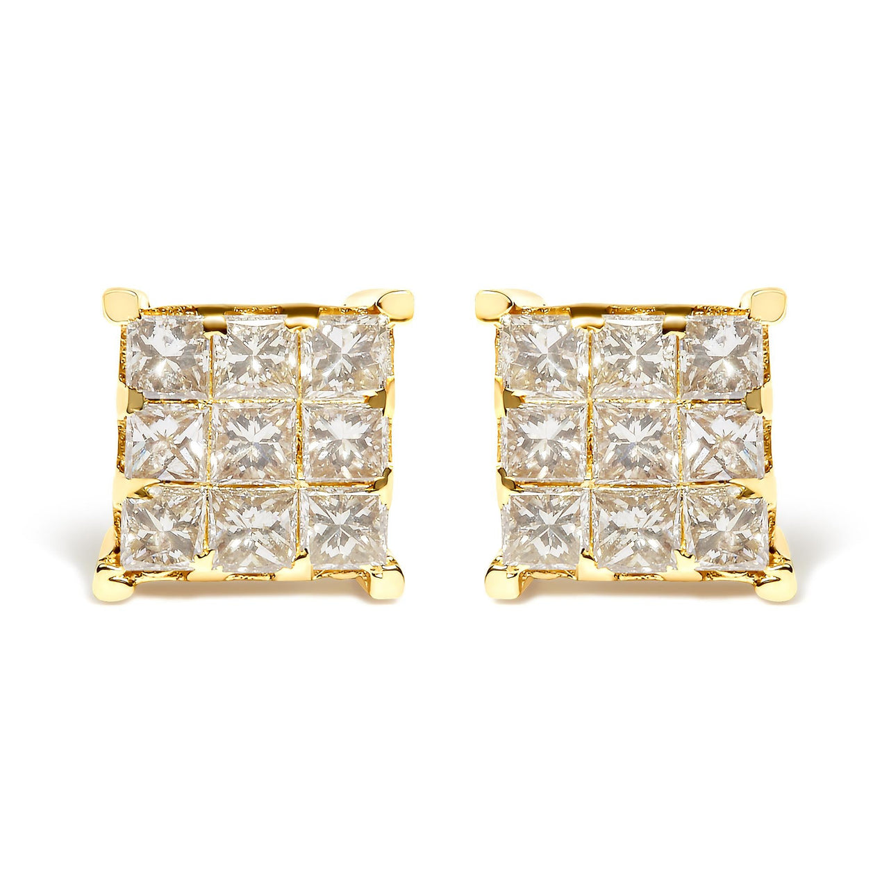 14K Yellow Gold 1 1/2 Cttw Invisible Set Princess-Cut Diamond 9 Stone Square Stud Earrings (J-K Color, SI2-I1 Clarity)