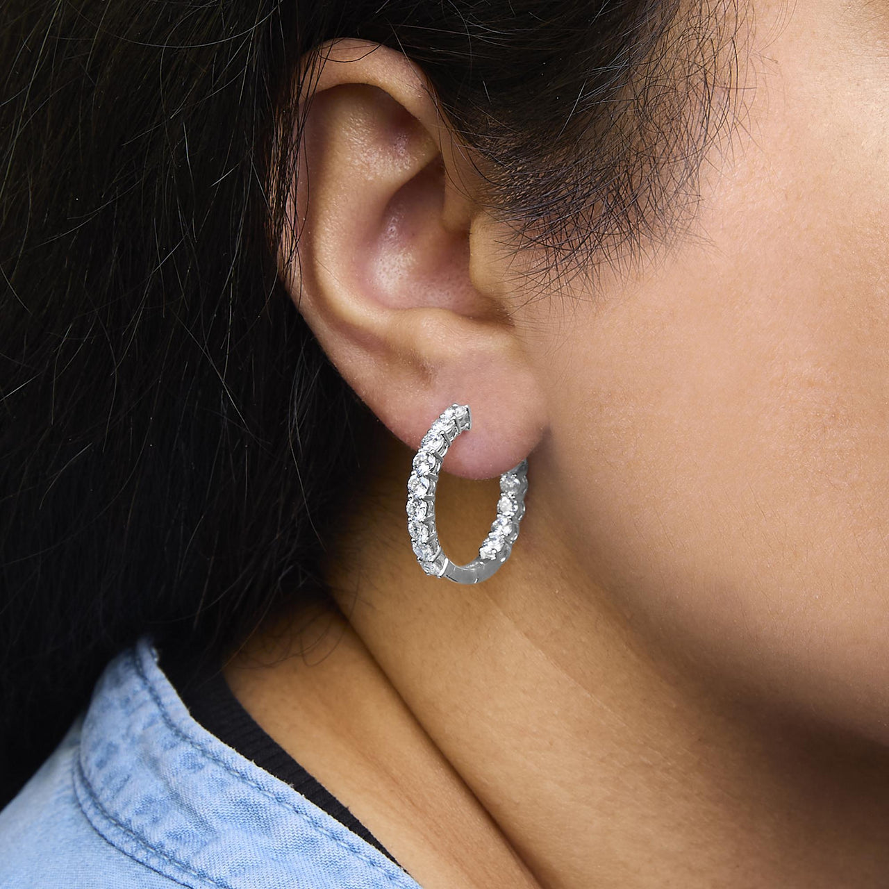 14K White Gold 3.00 Cttw Inside Out Lab Grown Diamond Hoop Earrings