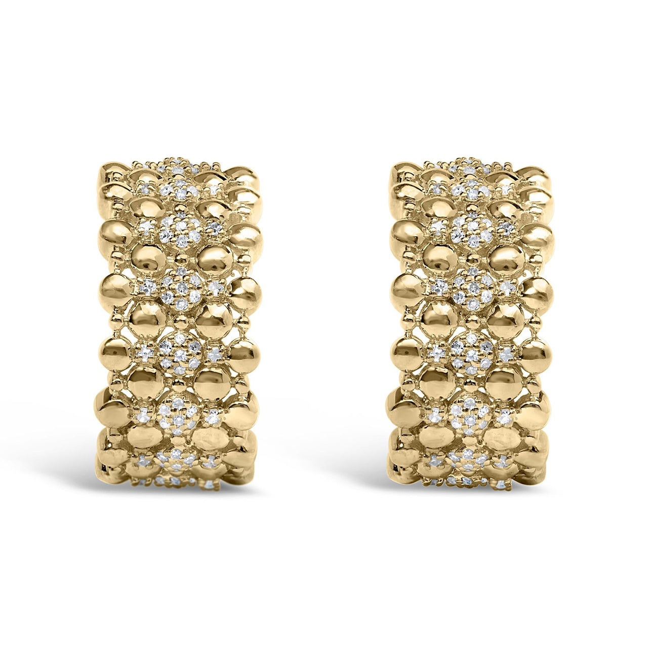 14K Yellow Gold Plated .925 Sterling Silver 3/8 Cttw Diamond and Ball Bead J Hoop Earrings (H-I Color, I1-I2 Clarity)