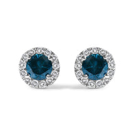 .925 Sterling Silver 1.00 Cttw Blue Diamond Halo Stud Earring