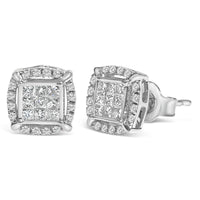 Sterling Silver 1/2 Cttw Princess Cut Diamond Composite and Halo Stud Earrings