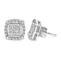 Sterling Silver 1/2 Cttw Princess Cut Diamond Composite and Halo Stud Earrings