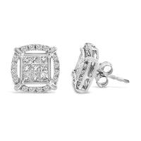 Sterling Silver 1 Cttw Princess Cut Diamond Square Halo Stud Earrings