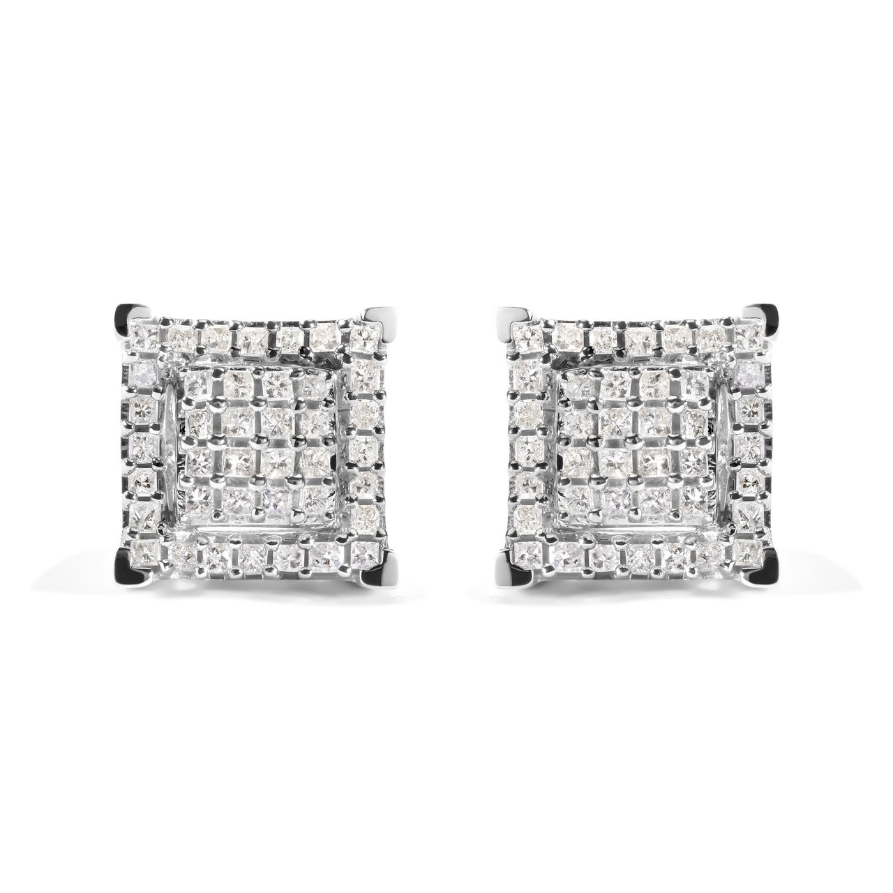 10K White Gold 1 1/4 Cttw Princess Diamond Composite Double Square and Halo Stud Earrings (I-J Color, I1-I2 Clarity)