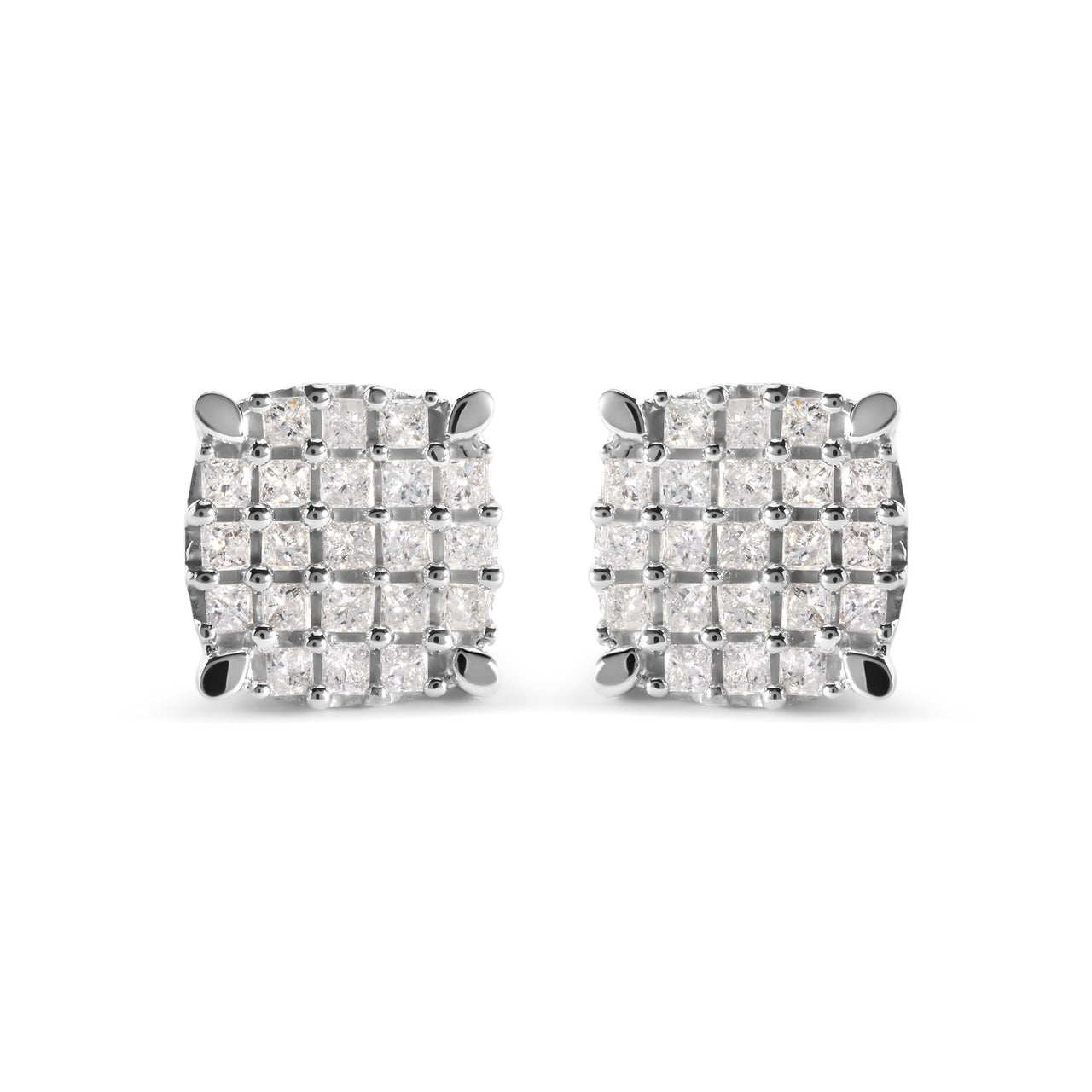 10K White Gold 3/4 Cttw Princess Diamond Composite Cushion Shape Stud Earrings (I-J Color, I1-I2 Clarity)