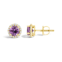 10K Gold Gemstone and 1/6 Cttw Diamond Halo Stud Earring