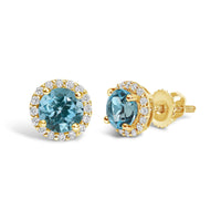 10K Gold Gemstone and 1/6 Cttw Diamond Halo Stud Earring