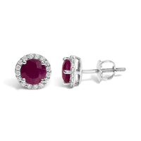 10K Gold Gemstone and 1/6 Cttw Diamond Halo Stud Earring