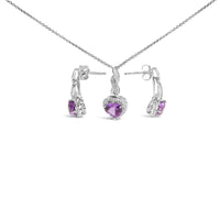 .925 Sterling Silver Heart Shape Purple Amethyst and White Sapphire Halo Earring Necklace Set