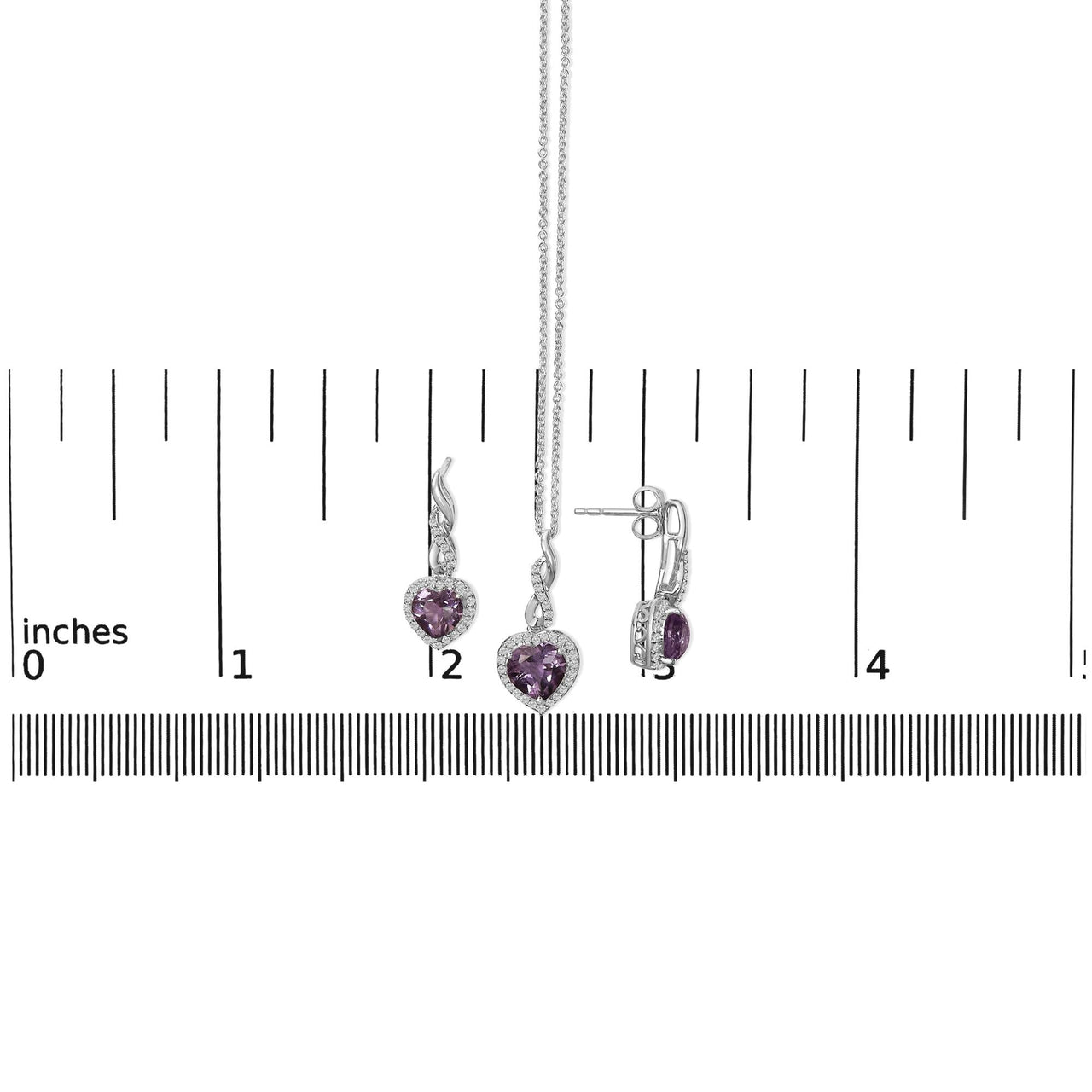 .925 Sterling Silver Heart Shape Purple Amethyst and White Sapphire Halo Earring Necklace Set