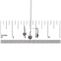 .925 Sterling Silver Heart Shape Purple Amethyst and White Sapphire Halo Earring Necklace Set