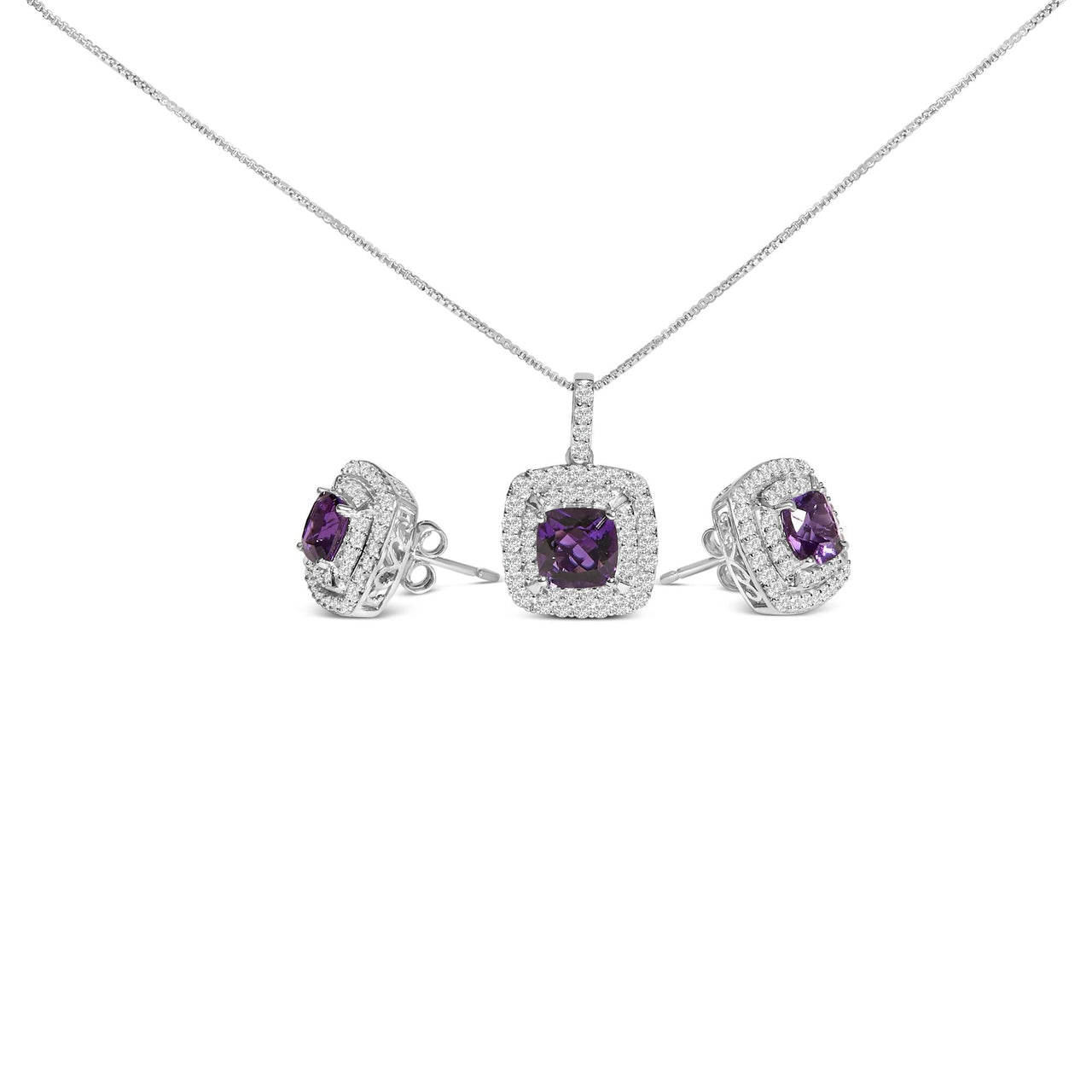.925 Sterling Silver Created Purple Amethyst and White Sapphire Halo Pendant Earring Set