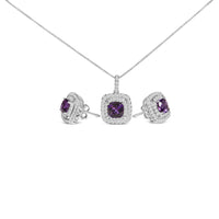 .925 Sterling Silver Created Purple Amethyst and White Sapphire Halo Pendant Earring Set