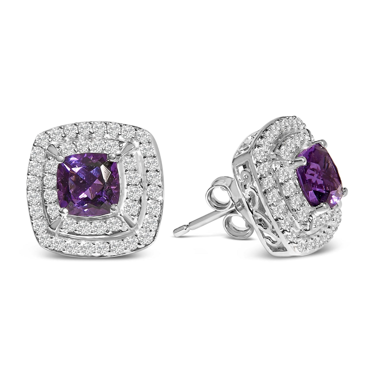 .925 Sterling Silver Created Purple Amethyst and White Sapphire Halo Pendant Earring Set