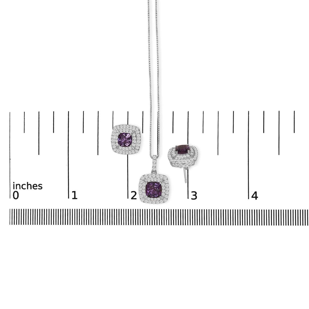 .925 Sterling Silver Created Purple Amethyst and White Sapphire Halo Pendant Earring Set