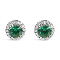.925 Sterling Silver with Created Green  Emerald and White Sapphire Halo Stud Earring