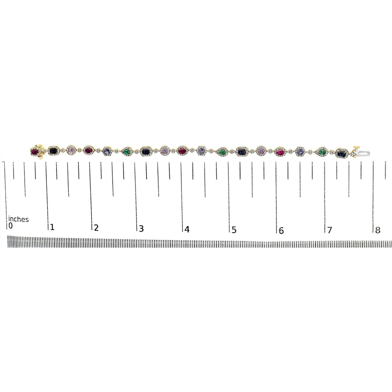 14K Yellow Gold Multi-Gemstone  and Diamond Halo Rainbow Link Bracelet