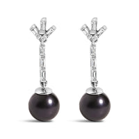 .925 Sterling silver 7MM Cultured Black Pearl and White sapphire Drop and Dangle Earring