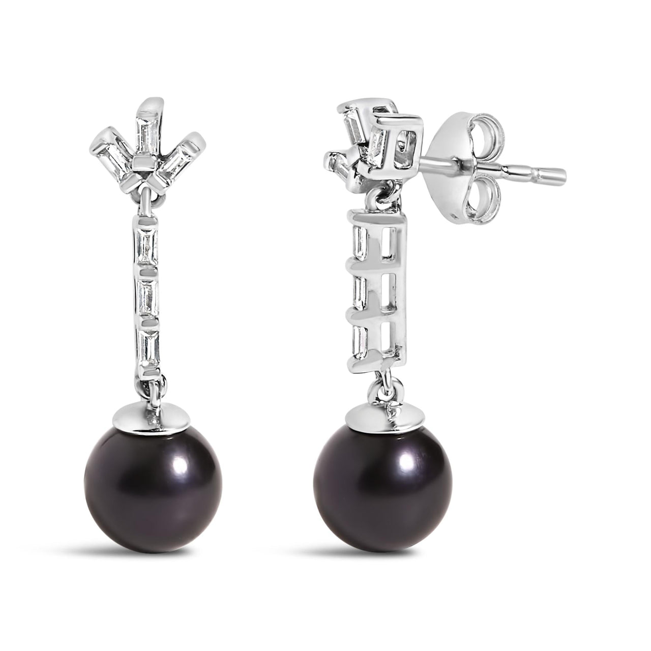 .925 Sterling silver 7MM Cultured Black Pearl and White sapphire Drop and Dangle Earring