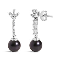 .925 Sterling silver 7MM Cultured Black Pearl and White sapphire Drop and Dangle Earring