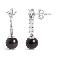 .925 Sterling silver 7MM Cultured Black Pearl and White sapphire Drop and Dangle Earring