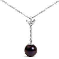 .925 Sterling Silver 8mm Black Pearl and Created White Sapphire Pendant Pendant Necklace