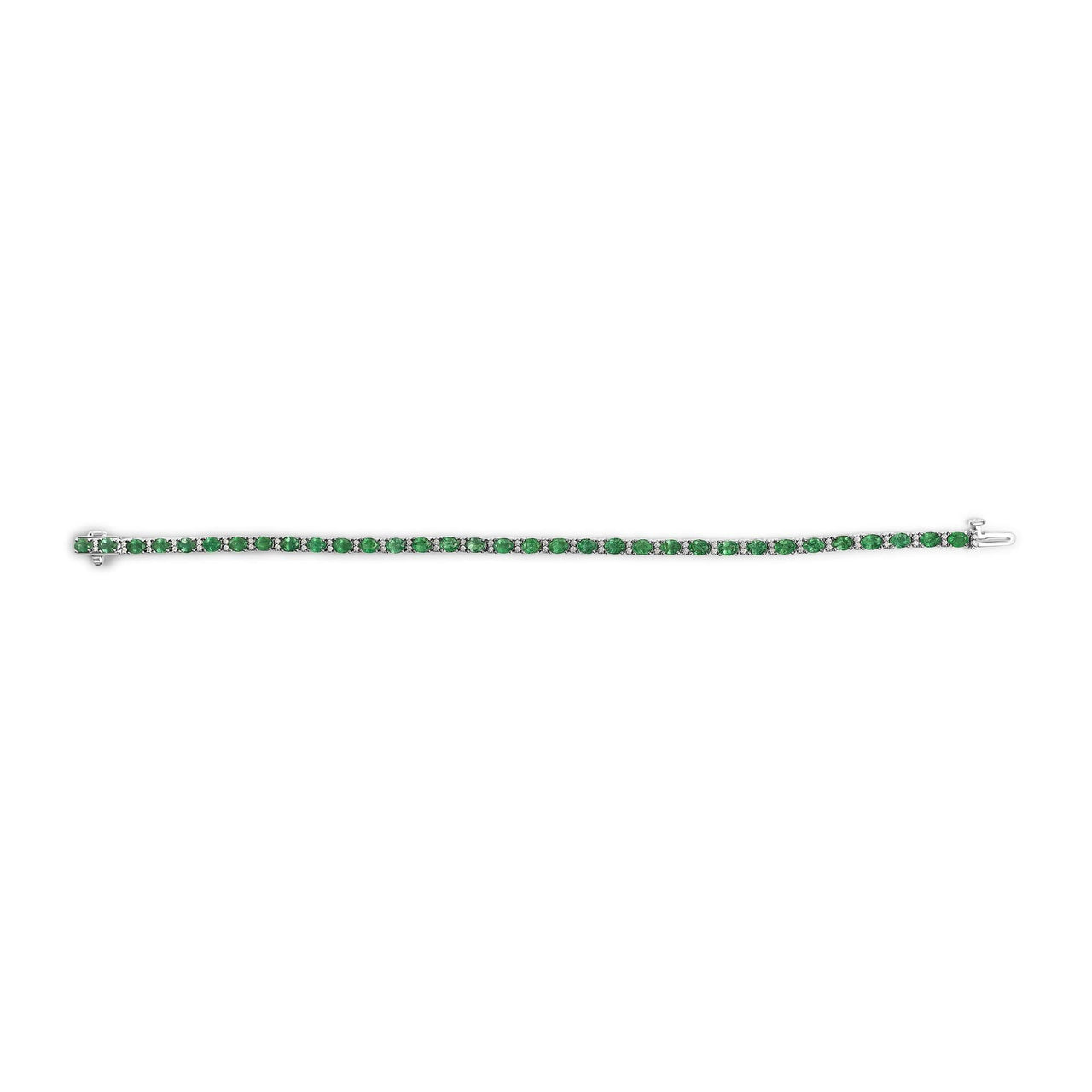 14K White Gold Alternating Oval Green Emerald and Diamond Tennis Bracelet