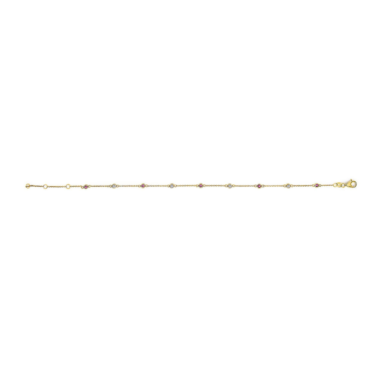 14K Yellow Gold Alternating Red Ruby and White Diamond Bezel Station Chain Bracelet (I-J Color, SI2-I1 Clarity) - 8" Inches