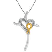 10K Yellow and White Gold Plated .925 Sterling Silver 1/25 Cttw Diamond Heart-Cross 18