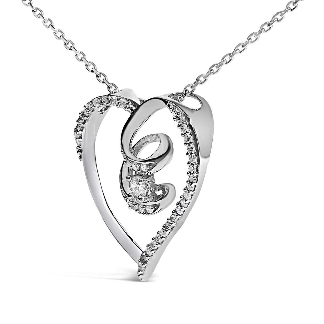 .925 Sterling Silver 1/4 Cttw Brilliant-Cut Diamond Open Heart Twisted Awareness Ribbon 18" Pendant Necklace (H-I Color, I1-I2 Clarity)
