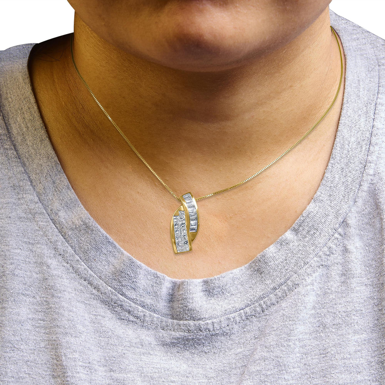 14k Yellow Gold 1 1/3 Cttw Princess and Baguette-cut Diamond Double Curved Pendant Necklace (H-I Color ,VS1-VS2 Clarity) - NO CHAIN INCLUDED
