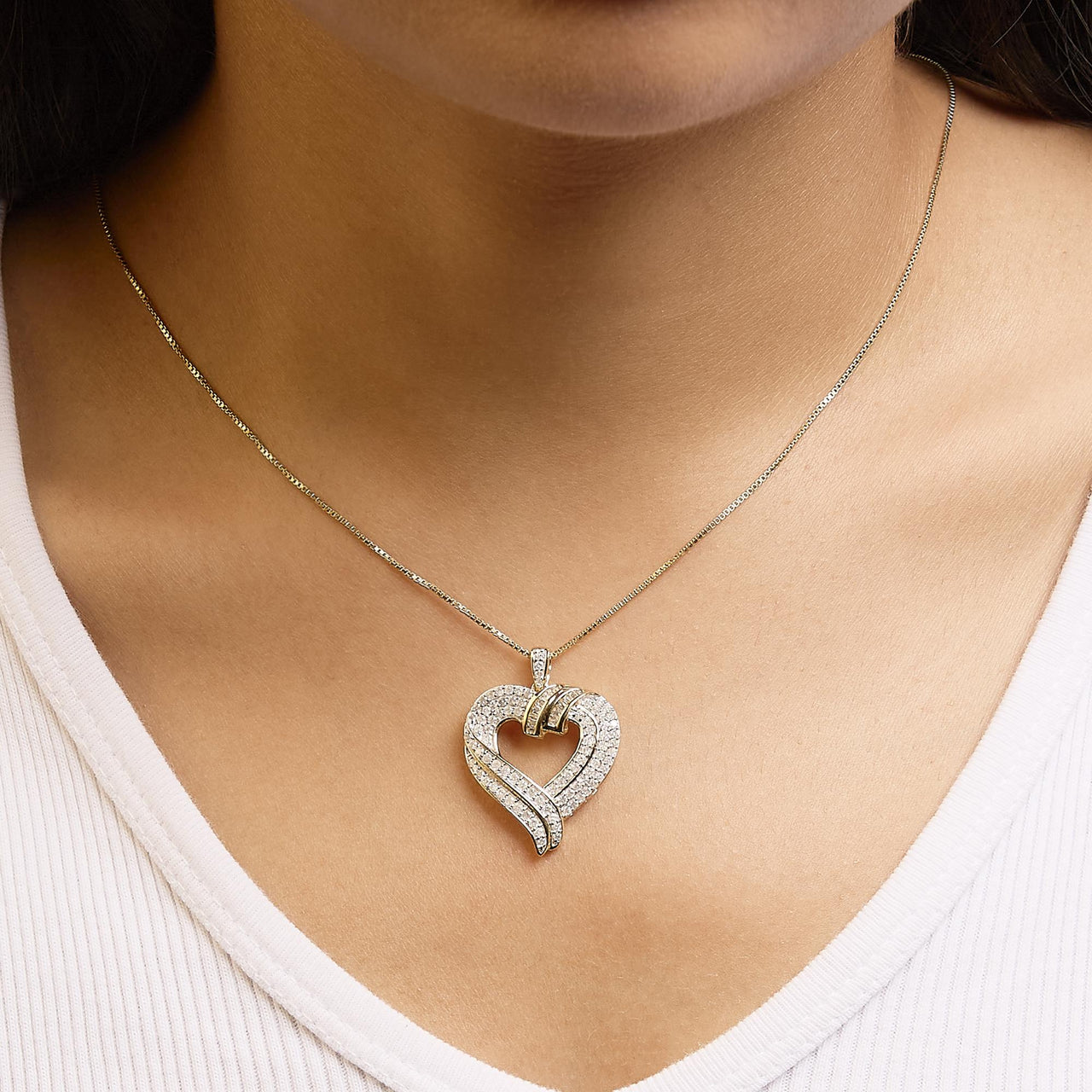 .925 Sterling Silver 1.00 Cttw Baguette Diamond Composite Open Heart 18" Inch Pendant Necklace (I-J Color, I1-I2 Clarity)