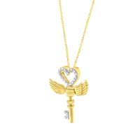 10K Yellow Gold over .925 Sterling Silver Diamond Accented Heart Angel Wing Key to Heaven 18