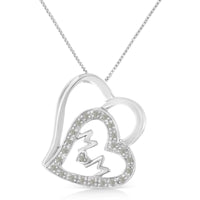.925 Sterling Silver 1/10 Cttw Diamond Double Heart and Mom 18