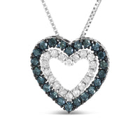 .925 Sterling Silver 1/2 Cttw Treated Blue and White Diamond Double Heart 18