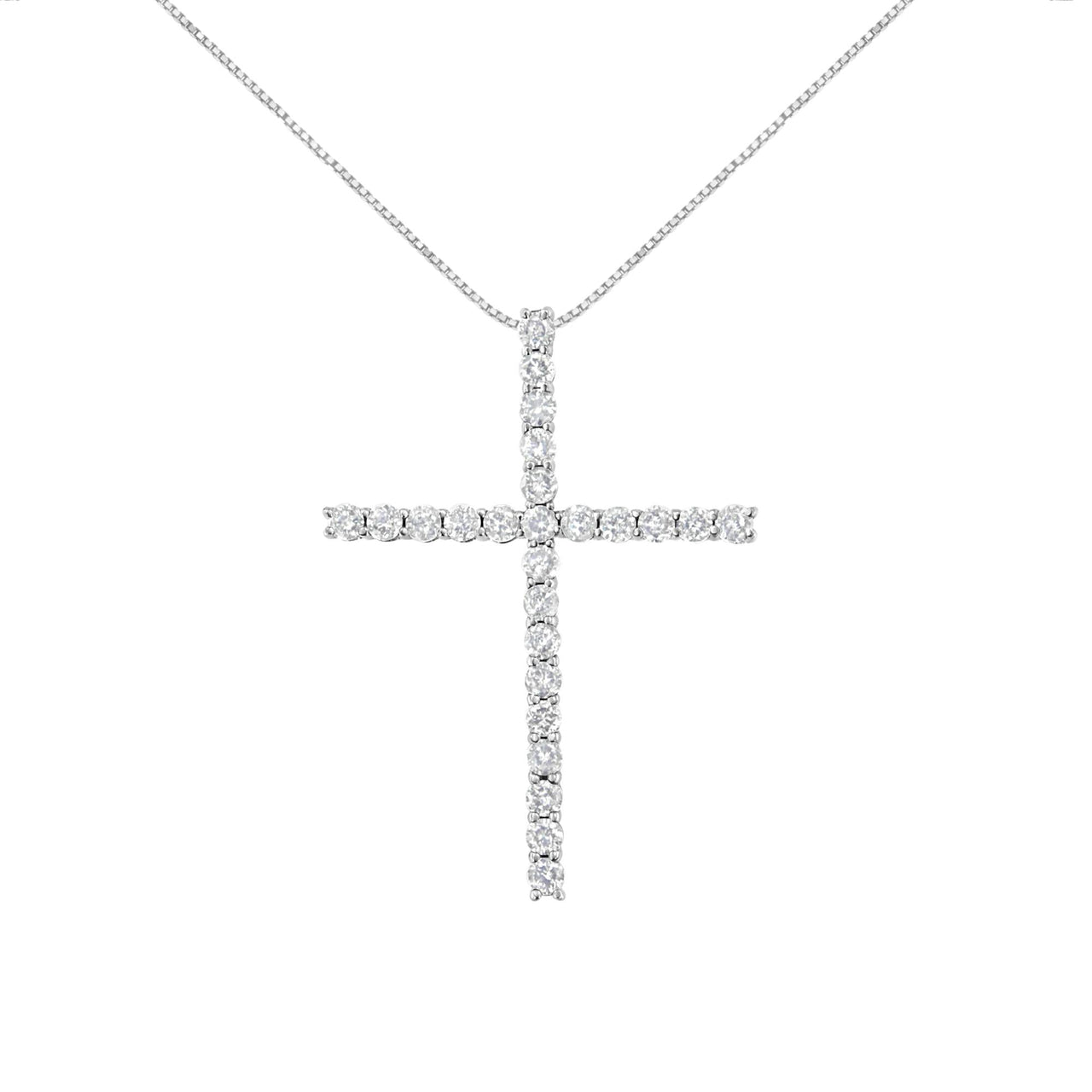 .925 Sterling Silver 2.0 Cttw Round Shape Diamond 1-1/4" Cross Pendant with Box Chain Necklace (I-J Color, I1-I2 Clarity) - 18"