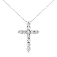 .925 Sterling Silver 1.0 Cttw Prong Set Round-Cut Diamond Cross 18