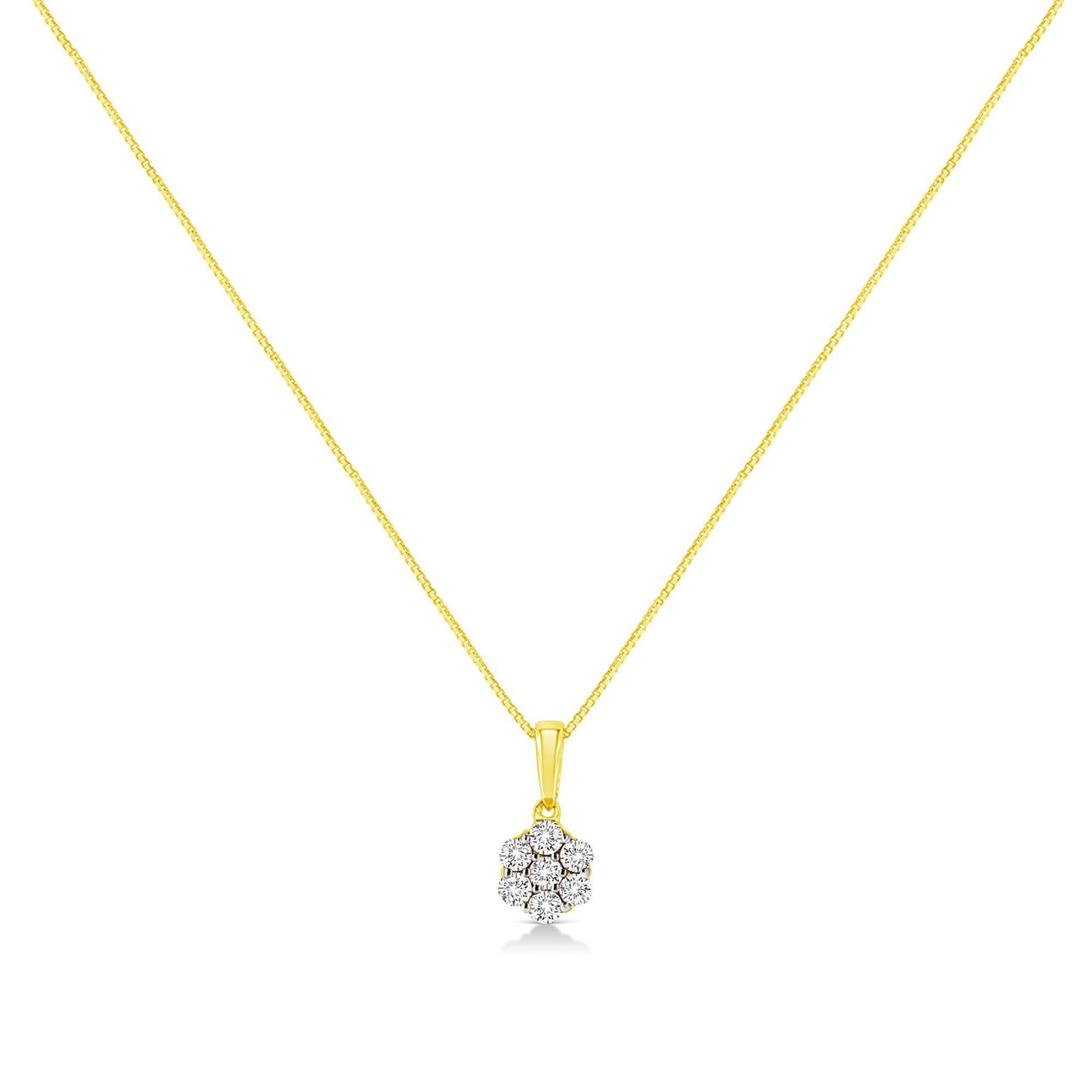 14K Yellow Gold 1/4 Cttw Prong Set Round-Cut Diamond 7 Stone Floral Cluster 18" Pendant Necklace (H-I Color, I1-I2 Clarity)