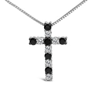 .925 Sterling Silver 1/2 Cttw Alternating Black and White Diamond Cross Pendant Necklace  (Treated Black and H-I Color, I3 Clarity) - 18