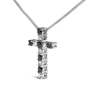 .925 Sterling Silver 1/2 Cttw Alternating Black and White Diamond Cross Pendant Necklace  (Treated Black and H-I Color, I3 Clarity) - 18